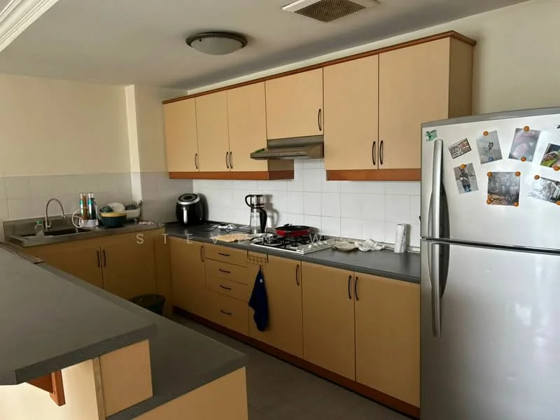 Kitchen features: light wood cabinetry, grey countertop, stainless-steel fridge, built-in oven, 4-burner gas hob, stainless-steel range hood, single-bowl stainless-steel sink, chrome pull-down faucet, white tiled backsplash, wall-mounted kitchen light, kitchen appliances including coffee machine, open shelving, decorative magnets on fridge; style: modern.