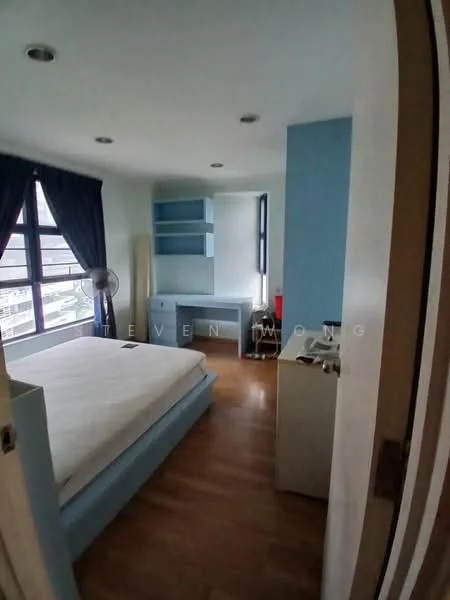 Bedroom features: queen-size bed, light blue accent wall, white painted walls, wood laminate flooring, floor-to-ceiling windows, blackout curtains, built-in shelving unit, desk with chair, ceiling lights, standing fan; style: modern; view: city.