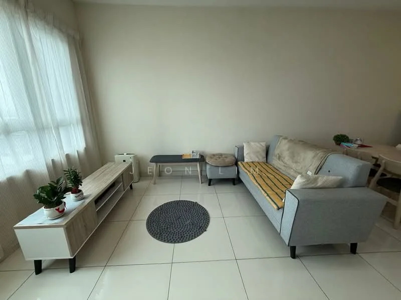 Living features: grey fabric sofa, wooden coffee table, TV console, round area rug, large windows with sheer curtains, decorative houseplants, light-colored walls, ceramic tile flooring; style: modern.