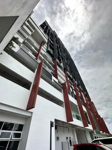 Exterior type: mid-rise condominium; features: white painted facade, black and red accent panels, balconies with railings, multiple storeys, large windows, exposed concrete structure, overhangs, modern architectural design; style: modern.