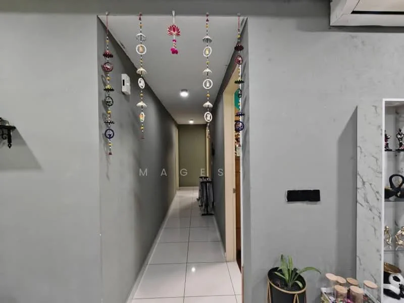 Room features: grey painted walls, white tiled flooring, recessed downlights, decorative hanging ornaments, narrow hallway, plant in ceramic pot, wall-mounted shelf, doorway leading to another room; style: modern.