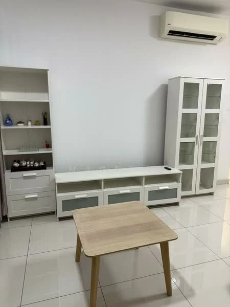 Living features: white painted walls, glossy tile flooring, 1 wall-mounted split AC, light wood coffee table, white storage cabinet with glass doors, white low TV console with drawers, open shelving unit, decorative items on shelves; style: modern.