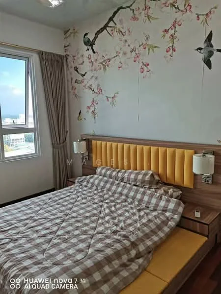 Bedroom features: king-size bed with checkered bedding, upholstered headboard in yellow, wooden bedside tables, table lamps on either side of the bed, floral wallpaper with birds, curtains in a neutral color, wooden flooring, window with city view; style: modern; view: city.