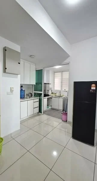 Kitchen features: white cabinetry, black refrigerator, stainless-steel sink, chrome faucet, ceramic tile flooring, white walls, window with blinds, built-in oven, microwave, kettle, water dispenser, countertop with space for appliances; style: modern.