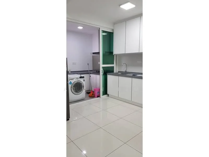 Kitchen features: white cabinetry, grey countertop, stainless-steel sink, chrome pull-down faucet, built-in oven, ceramic tile flooring, recessed LED downlights, washing machine, open shelving, sliding glass door, wall-mounted air conditioning unit; style: modern.