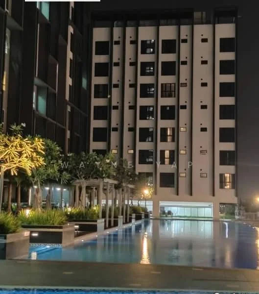 Exterior type: high-rise condominium; features: modern facade with glass and concrete, multiple balconies on upper floors, landscaped garden area with trees, swimming pool with water feature, pool deck with seating, night lighting around the pool area, manicured lawn, surrounding greenery; style: modern.