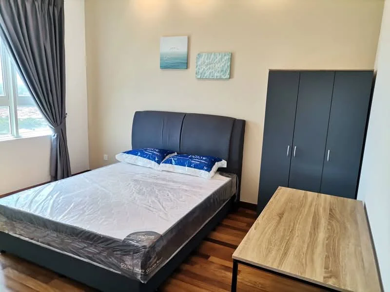 Bedroom features: king-size bed with upholstered headboard, mattress with protective cover, wooden bedside table, built-in wardrobe with grey finish, floor-to-ceiling window with grey curtains, wooden flooring, decorative wall art, neutral painted walls; style: modern.