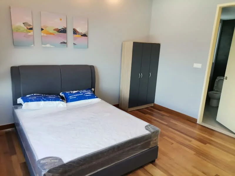 Bedroom features: queen-size bed, upholstered headboard, wooden flooring, grey painted walls, two bedside pillows, built-in wardrobe with two doors, artwork on wall, natural light from window, doorway leading to bathroom; style: modern.