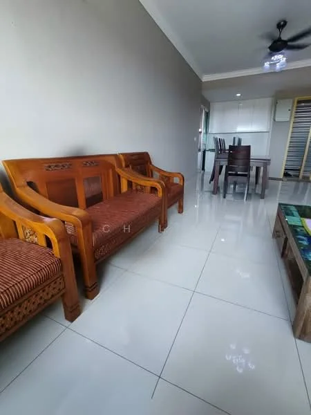 Living features: 2 wooden armchairs with patterned upholstery, 1 wooden sofa with patterned upholstery, glass coffee table, white tiled flooring, ceiling fan, recessed downlights, neutral painted walls, open layout to dining area, visible kitchen area in background; style: modern.