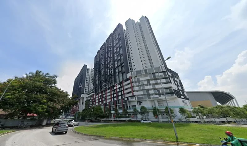 Exterior type: high-rise condominium; features: glass curtain wall, black and white facade, multiple recessed balconies, approximately 20-storey high-rise, surrounded by greenery, landscaped area with grass, urban context with nearby roads; style: modern.