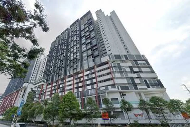 Exterior type: high-rise condominium; features: glass curtain wall, exposed concrete facade, projecting balconies, manicured lawn, mature trees, surrounded by greenery; style: modern.
