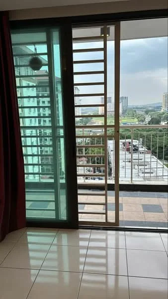 Room features: floor-to-ceiling windows, sliding glass door, metal railing, curtains in dark red, glossy tile flooring, city view, outdoor balcony, natural light; style: modern; view: city.