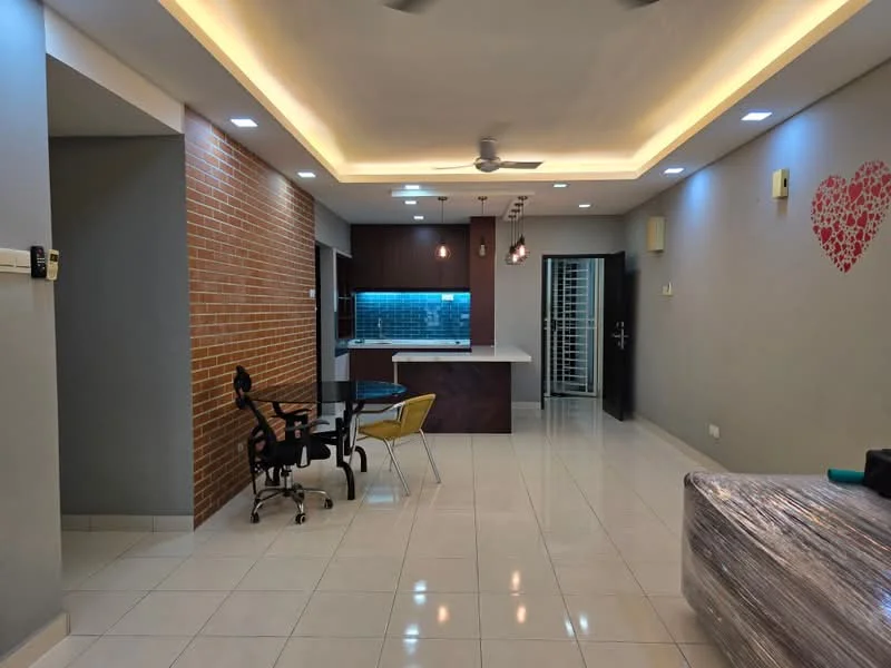 Living features: white painted walls, exposed brick accent wall, recessed ceiling with LED lighting, ceramic tile flooring, ceiling fan, dining area with bar counter, open kitchen layout, sliding glass door, decorative wall art, large windows, built-in cabinetry; style: modern.