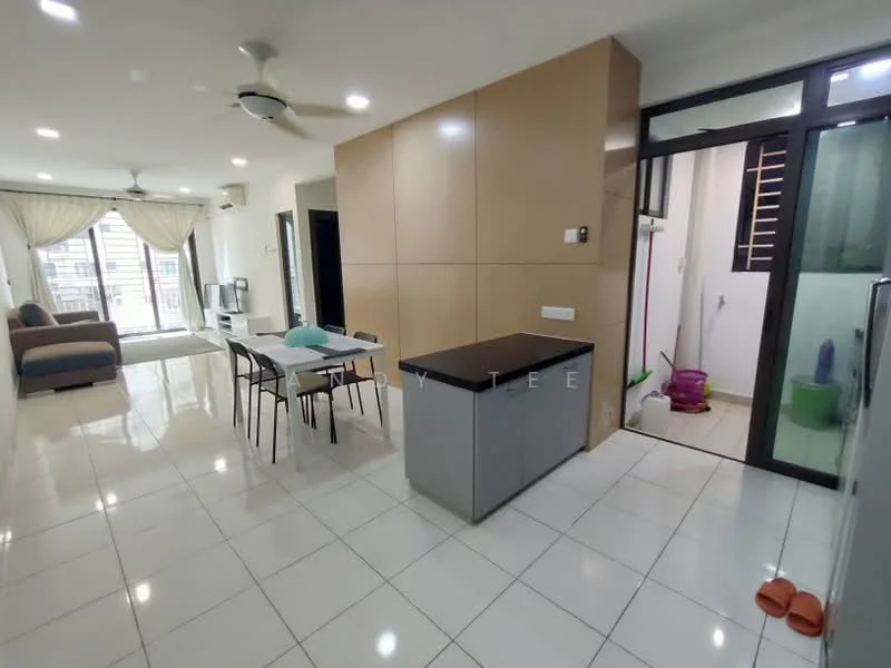 Living features: white tiled flooring, cream painted walls, 5-blade ceiling fan with light, sofa in grey fabric, dining table with 6 chairs, kitchen island with grey cabinetry, floor-to-ceiling windows, curtains, open layout, wall-mounted TV, recessed lighting; style: modern; view: city. Kitchen features: grey cabinetry, stainless-steel fridge, sink, countertop, open shelving; style: modern. Room features: white tiled flooring, glass door, laundry area, cleaning supplies visible.