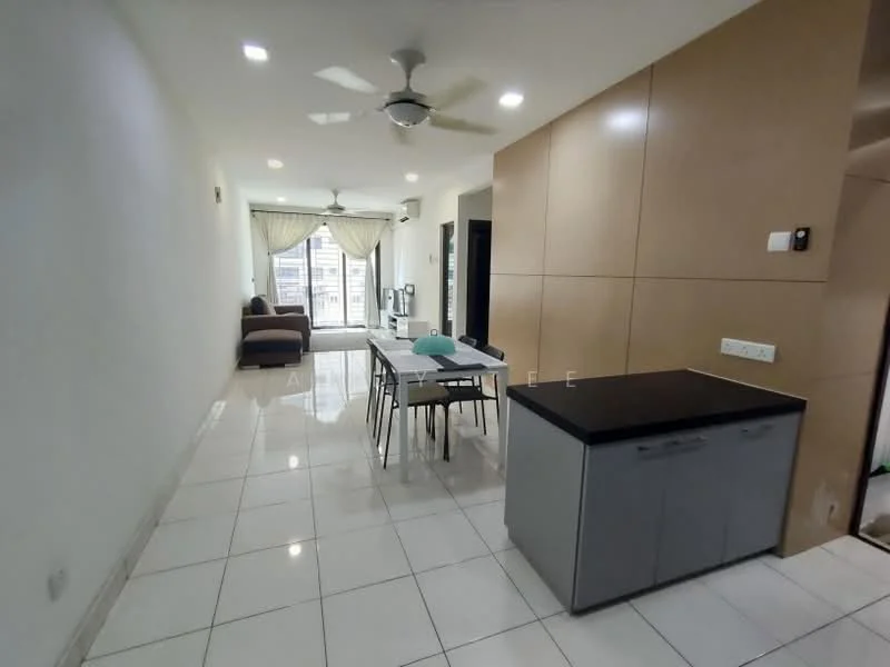 Living features: white painted walls, glossy tile flooring, 5-blade ceiling fan with light, sofa in brown fabric, dining table with 4 chairs, kitchen island with black countertop, recessed downlights, floor-to-ceiling windows, curtains, air conditioning unit; style: modern; view: city.