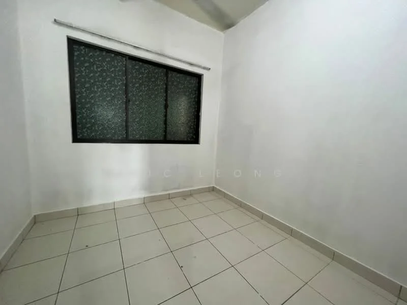 Room features: white painted walls, tile flooring, black framed window with patterned glass, no visible furniture, corner room, natural light from window, neutral color scheme, plain ceiling; style: minimalist.