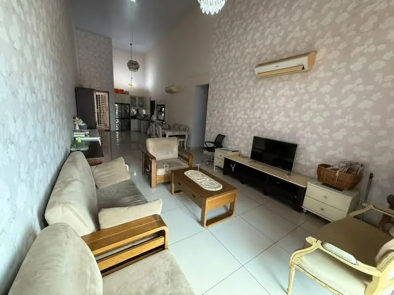 Living features: beige fabric sofa, 2-seater wooden sofa, wooden coffee table, TV console, wall-mounted TV, cream wallpaper with floral pattern, white tiled flooring, ceiling-mounted air conditioning unit, chandelier, decorative wall clock, basket for storage; style: modern.