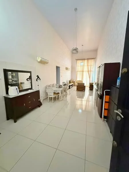 Living features: white painted walls, high ceiling, glossy tile flooring, large windows with sheer curtains, 2 wall-mounted split AC units, chandelier, dining table with chairs, sofa set, TV cabinet, wooden sideboard, decorative mirror; style: modern.