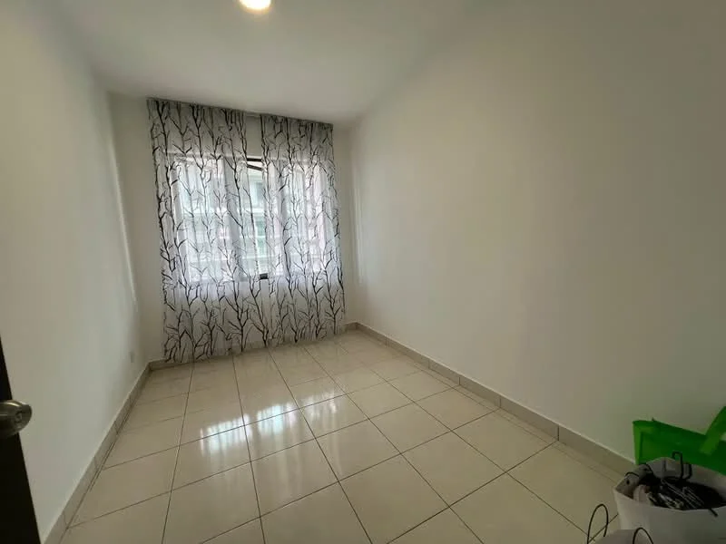 Room features: white painted walls, glossy ceramic tile flooring, floor-to-ceiling windows, sheer curtains, light fixture on ceiling.