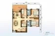 Floor plan: 3-bedroom 2-bathroom unit; features: open-plan kitchen-dining-living, master bedroom with ensuite bathroom, bedroom 2 with shared bathroom, balcony off living room, utility room, laundry area, central foyer, 2 car porch.