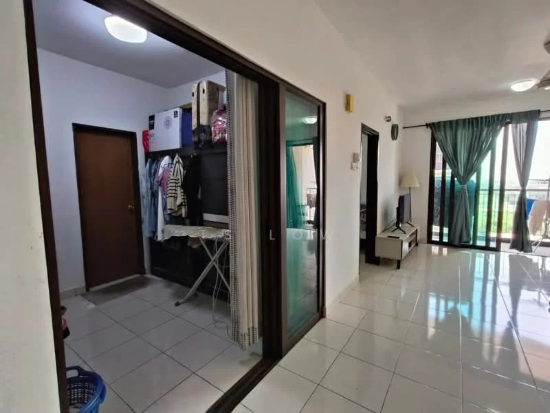 Room features: white painted walls, glossy tile flooring, sliding glass door, floor-to-ceiling windows, green curtains, built-in wardrobe, laundry drying rack, open shelving, basket for laundry; style: modern; view: garden.