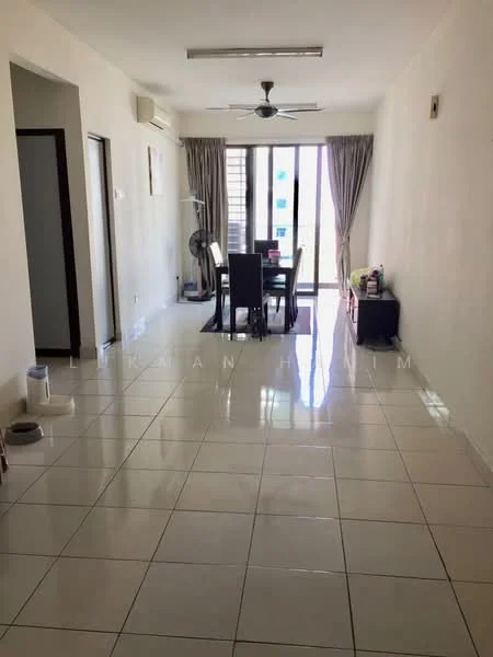 Dining features: white painted walls, glossy ceramic tile flooring, 5-blade ceiling fan with light, dining table with chairs, floor-to-ceiling windows, curtains, sliding glass door, area rug, decorative items on side table; style: modern. Room features: white painted walls, glossy ceramic tile flooring, air conditioning unit, doorway leading to hallway.