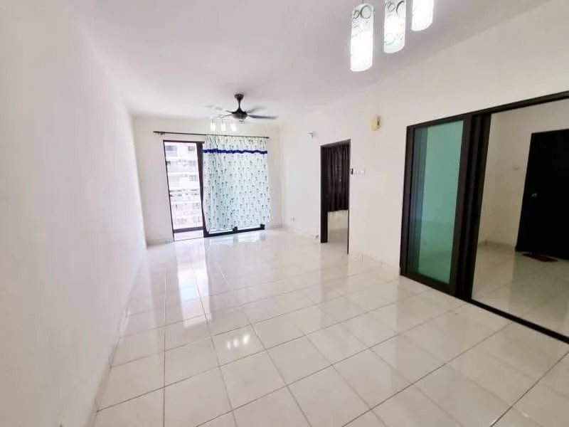 Living features: white painted walls, glossy white tile flooring, 5-blade ceiling fan, floor-to-ceiling sliding glass door, sheer curtains, balcony access, recessed lighting, open layout; style: modern; view: city. Room features: white painted walls, glossy white tile flooring, doorway to adjacent room.