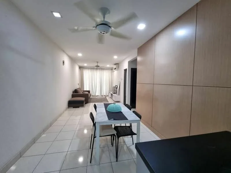 Living features: white painted walls, glossy tile flooring, 5-blade ceiling fan with light, sofa in brown fabric, dining table with 4 black chairs, built-in cabinetry in light wood, floor-to-ceiling windows with sheer curtains, recessed LED downlights; style: modern.
