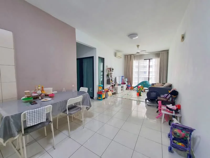 Dining features: dining table with tablecloth, 4 dining chairs, ceramic tile flooring, white painted walls. Living features: sofa with cushions, coffee table, area rug, floor-to-ceiling windows, curtains, toys scattered on the floor, wall-mounted air conditioning unit, light-colored walls.