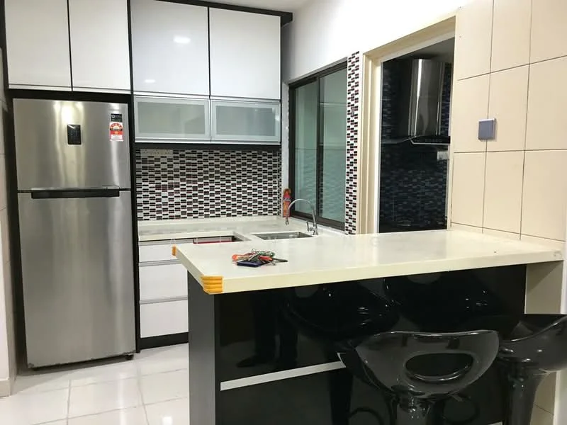 Kitchen features: stainless-steel fridge, white cabinetry with glossy finish, black countertop, mosaic tile backsplash, single-bowl stainless-steel sink, chrome pull-down faucet, kitchen island with seating, ceramic tile flooring, recessed downlights; style: modern.