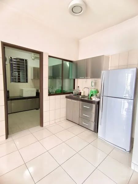Kitchen features: white tiled walls, white tiled flooring, stainless-steel cabinets, black countertop, stainless-steel fridge, built-in sink, chrome faucet, window with metal grille, open layout to adjacent room; style: modern.
