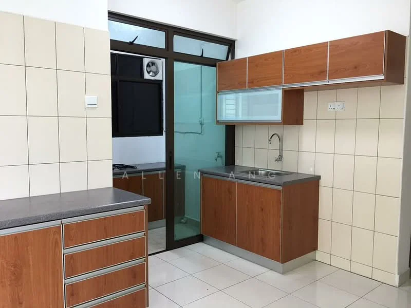 Kitchen features: brown wooden cabinetry, grey granite countertop, single-bowl stainless-steel sink, chrome pull-down faucet, ceramic tile flooring, white tiled walls, window with black frame, built-in kitchen cabinet, open layout, sliding glass door; style: modern.
