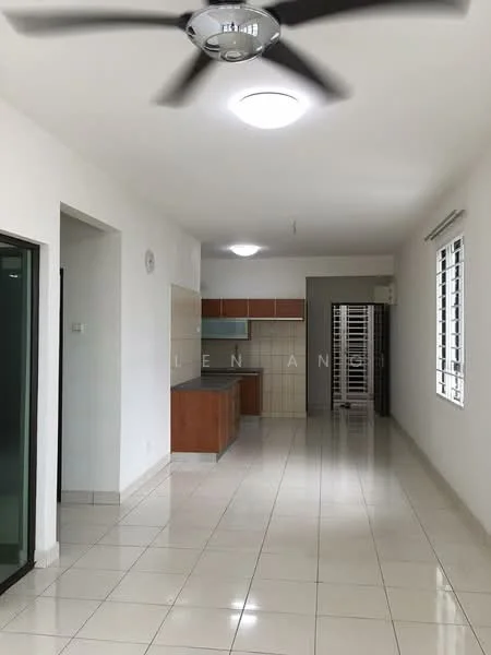 Living features: white painted walls, glossy tile flooring, ceiling fan with light, recessed ceiling lights, large windows with horizontal bars, open layout, kitchen area visible, wood cabinetry in kitchen; style: modern.
