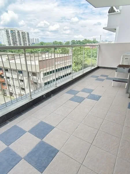 Room features: tiled flooring with blue and cream checker pattern, metal railing, outdoor space, view of surrounding greenery, view of nearby buildings, partially covered area; view: garden.