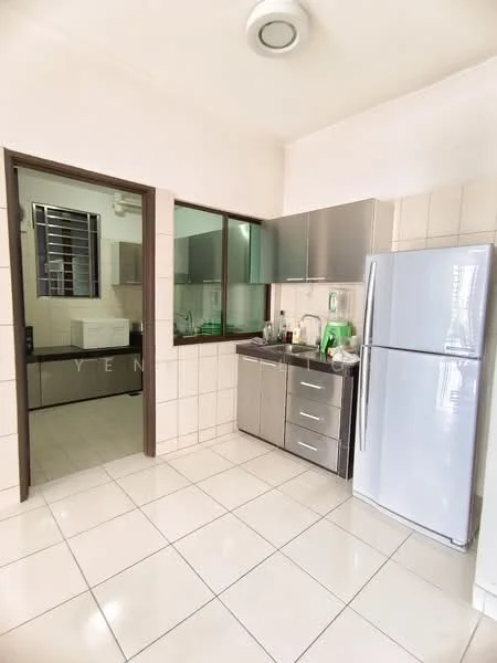 Kitchen features: stainless-steel fridge, stainless-steel cabinets, white tiled backsplash, white ceramic tile flooring, single-bowl stainless-steel sink, chrome pull-down faucet, built-in countertop, window with grill, light fixture on ceiling, green countertop accessories; style: modern.