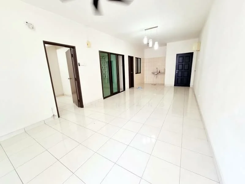 Room features: white painted walls, glossy white tile flooring, ceiling fan, recessed downlights, glass sliding door, door to kitchen area, open layout, neutral color scheme; style: modern.