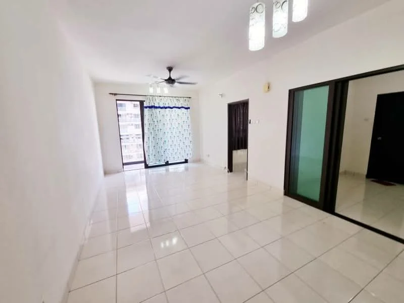 Living features: white painted walls, glossy white tile flooring, 5-blade ceiling fan with light, floor-to-ceiling sliding glass door, sheer curtains, mirror wall, recessed lighting, open layout; style: modern.