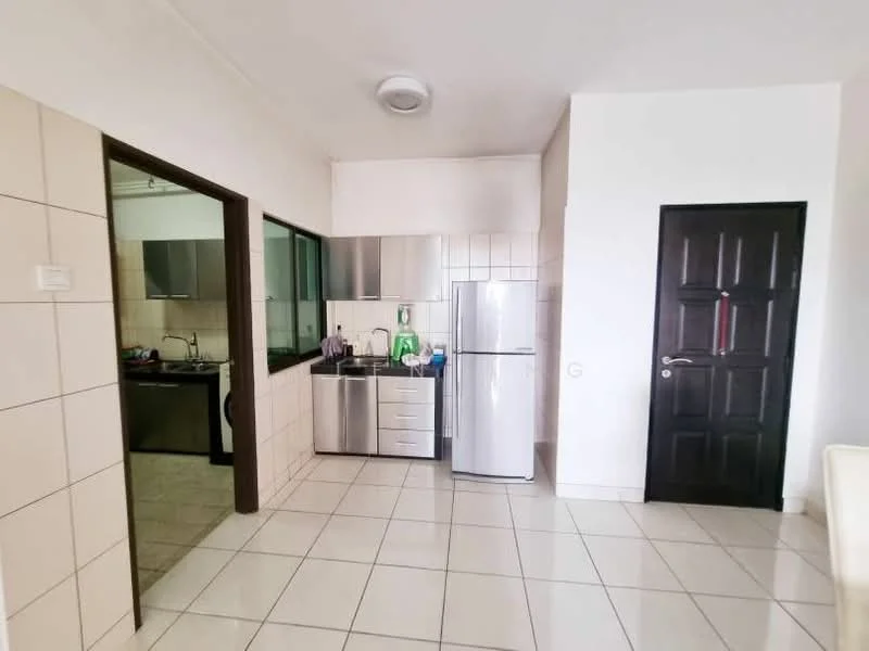 Kitchen features: white cabinets, stainless-steel refrigerator, stainless-steel sink, chrome pull-down faucet, black countertop, ceramic tile flooring, wall-mounted cabinets, window with green view, light fixture on ceiling, open layout to living area; style: modern.