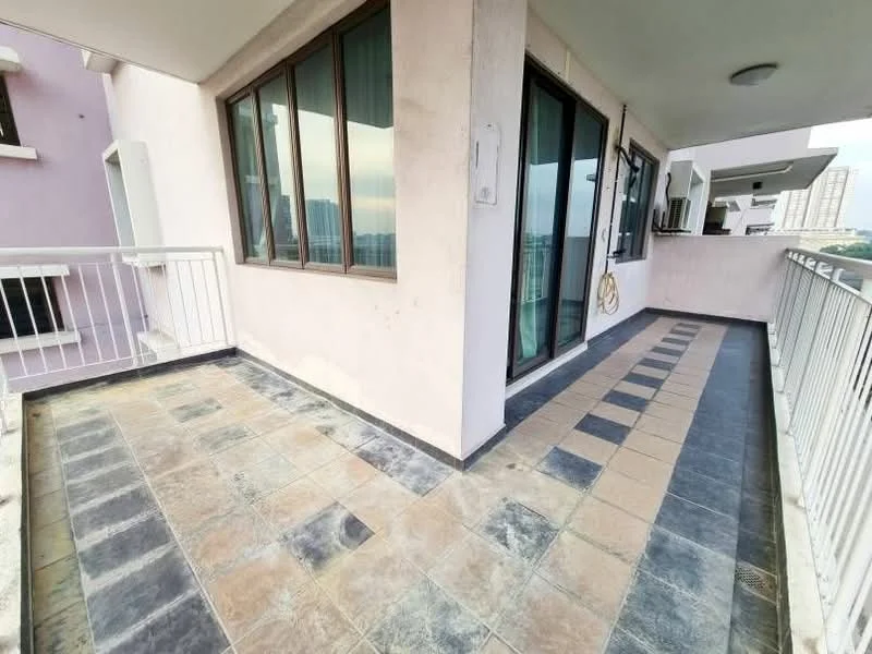 Room features: tiled flooring with alternating black and beige tiles, floor-to-ceiling windows, railing, exterior wall with white paint, corner balcony, view of surrounding area; style: modern; view: city.