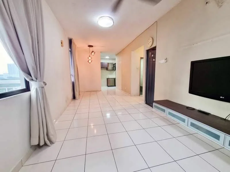 Living features: white painted walls, glossy white tile flooring, recessed ceiling lights, ceiling fan, wall-mounted TV, TV console with storage, large windows with city view, curtains; style: modern; view: city. Room features: open layout, doorway leading to kitchen, neutral color scheme.