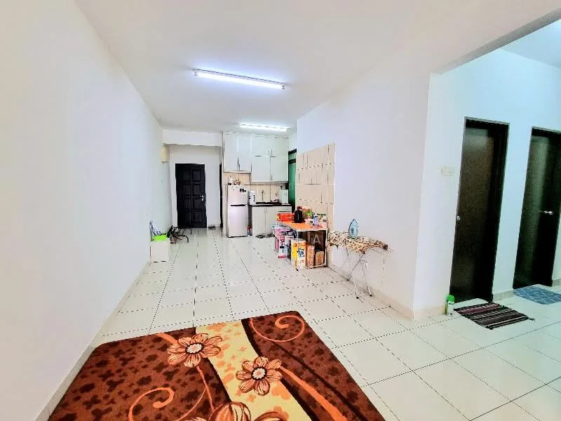 Room features: white painted walls, tile flooring, recessed ceiling lights, kitchen area with appliances, stainless-steel fridge, kitchen countertop, open space layout, decorative area rug with floral pattern, doorways leading to other rooms; style: modern.