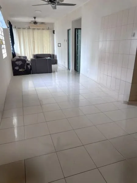 Living features: white painted walls, glossy ceramic tile flooring, 5-blade ceiling fan, large windows with sheer curtains, sofa in grey, natural light from windows, open layout, neutral color scheme; style: modern.