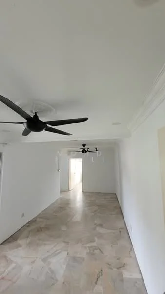 Room features: white painted walls, marble tile flooring, tray ceiling, 2 ceiling fans, recessed downlights.