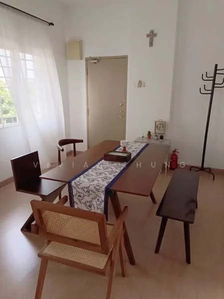 Dining features: wooden dining table, 4 wooden chairs, bench seating, white table runner, wall-mounted coat rack, fire extinguisher, large window with sheer curtains, light-colored flooring, decorative wall cross, door leading outside; style: minimalist; view: garden.
