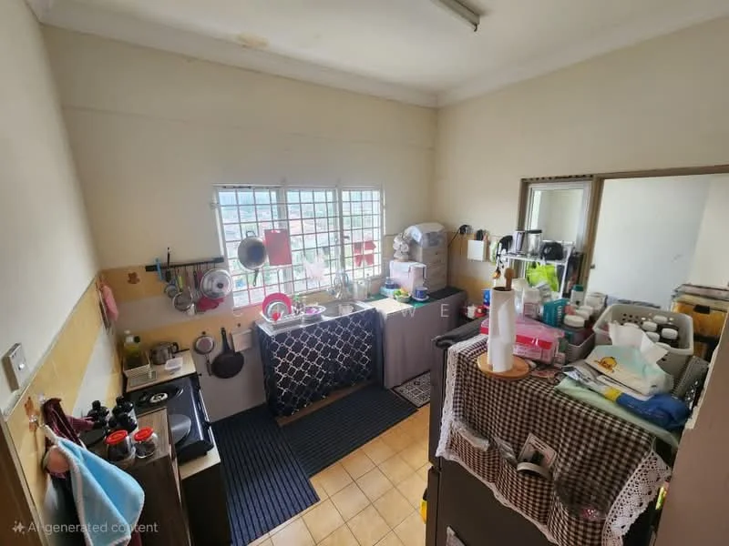 Kitchen features: white painted walls, tile flooring, window with metal grille, black and white checkered curtain, stainless-steel sink, chrome pull-down faucet, kitchen cabinets with countertop, gas stove with 4 burners, microwave, kettle, various kitchen utensils and containers, open shelving with dishes, area rug, refrigerator.