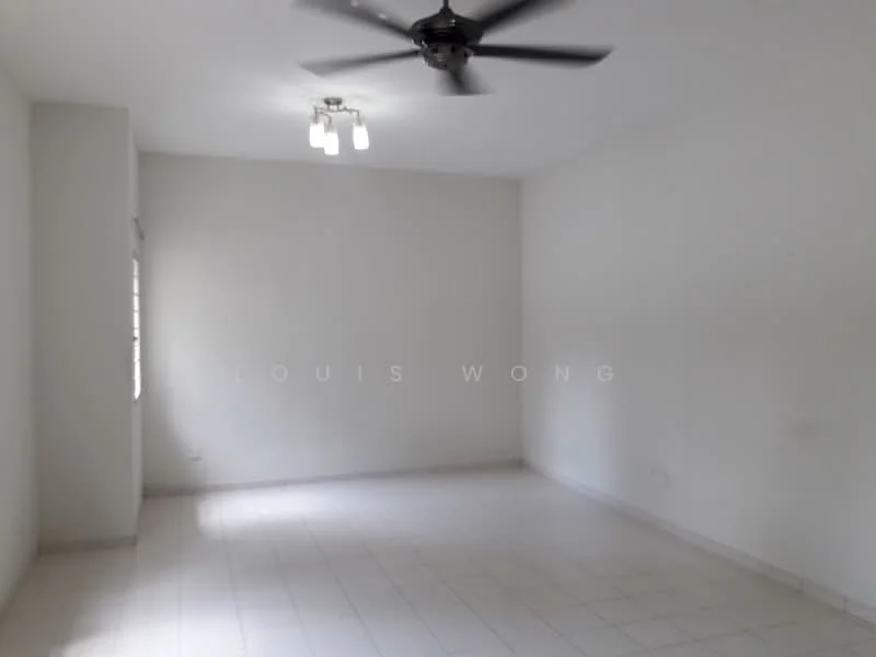 Room features: white painted walls, tile flooring, ceiling fan, 2-bulb ceiling light fixture, window with no treatments, empty space.