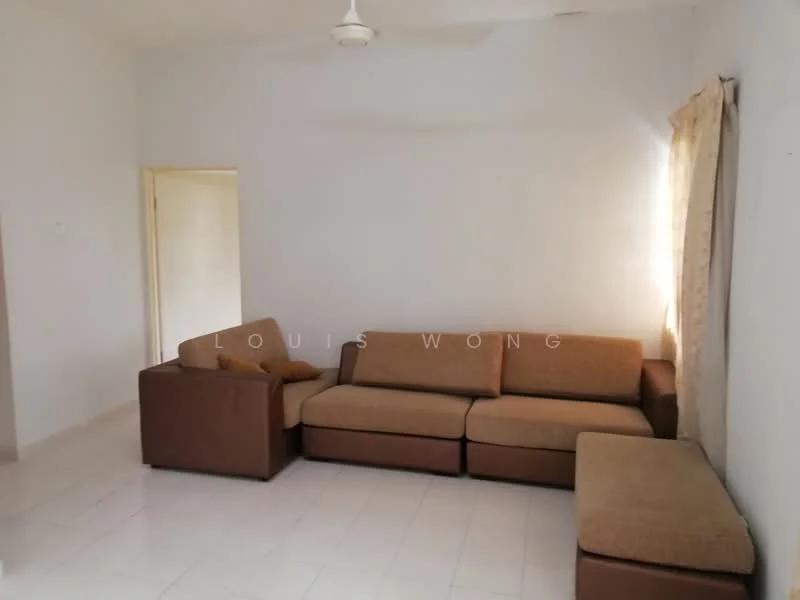 Living features: 3-seater fabric sofa in beige, 2-seater fabric sofa in brown, coffee table, white painted walls, glossy tile flooring, ceiling fan, curtains, natural light from window; style: minimalist.
