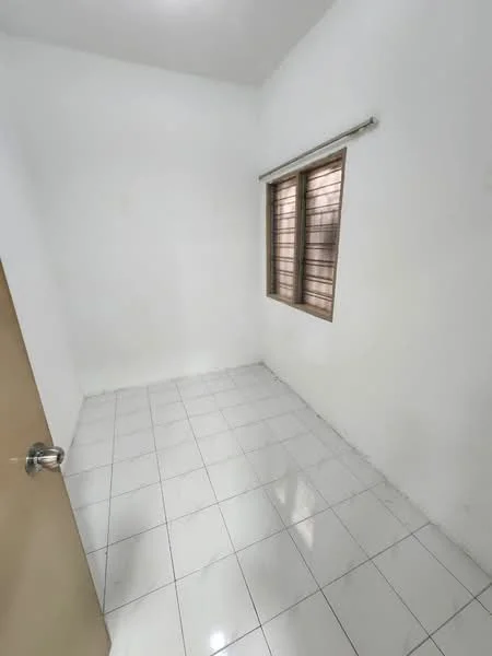 Room features: white painted walls, white tiled flooring, wooden window with horizontal slats, single door, no visible furniture or decor; style: minimalist.