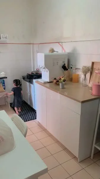 Kitchen features: white cabinetry, wood countertop, black and white patterned mat, stainless-steel sink, built-in stove, white wall tiles, kitchen appliances, decorative items on countertop; style: modern.