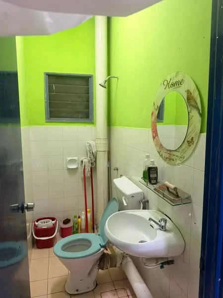 Bathroom features: green painted walls, white tiled walls, pink tiled flooring, toilet, sink, shower head, mirror with decorative frame, toilet paper holder, cleaning supplies, waste bin.